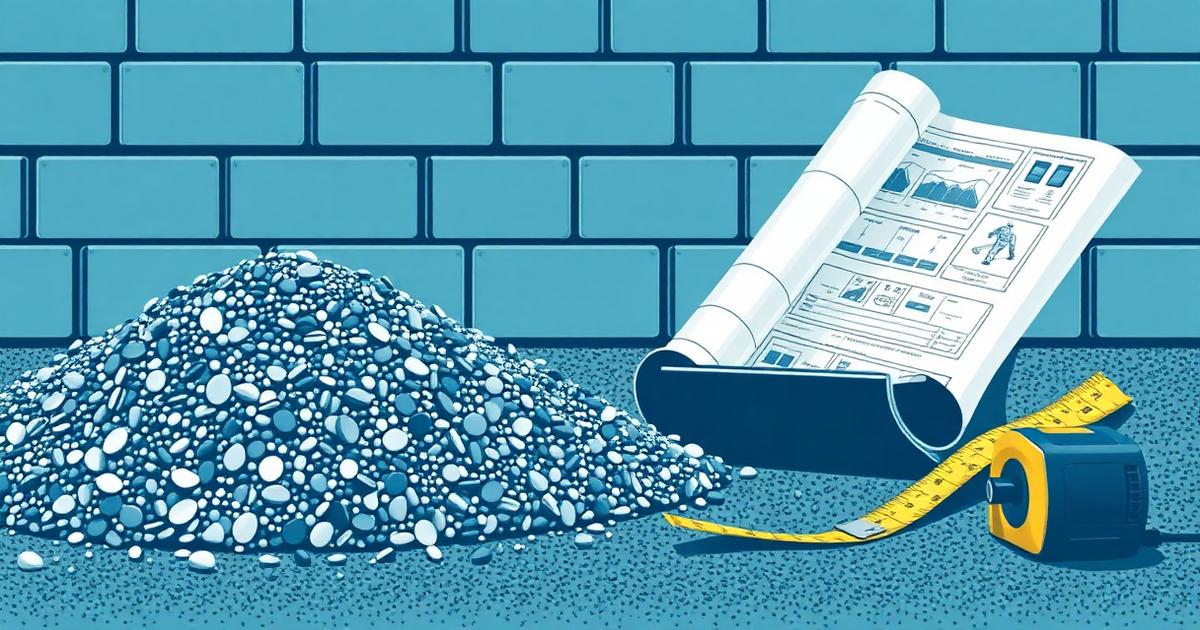 Gravel, blueprints and a tape measure on a construction site
