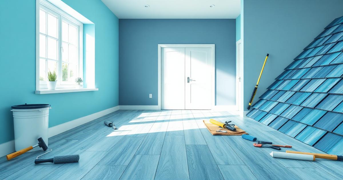 Room mid-renovation with paint rollers, flooring planks and roofing shingles