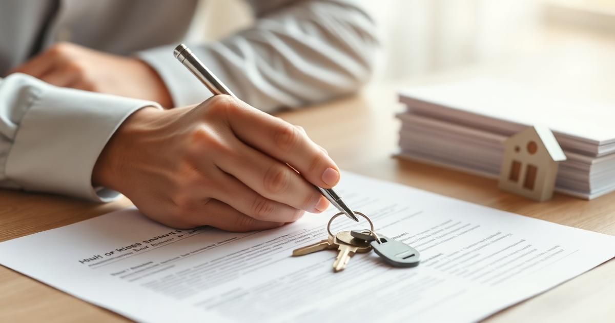 Hands signing mortgage closing paperwork next to a set of house keys