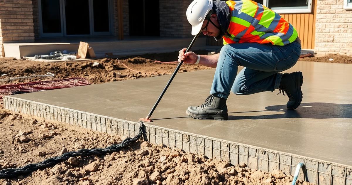 Worker screeding a freshly poured residential concrete slab with rebar visible at the edge