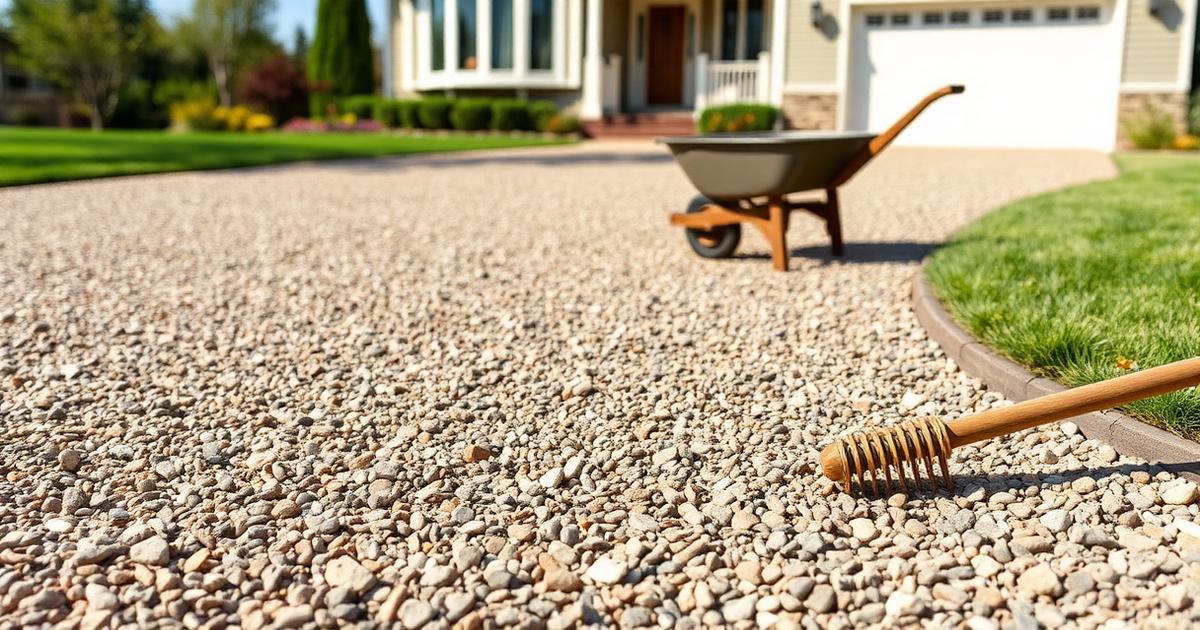 Residential crushed-stone gravel driveway with a rake and wheelbarrow at the edge