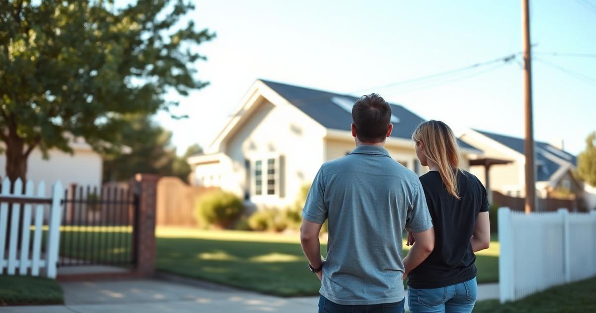 Couple standing on the sidewalk looking at a single-story house while house hunting