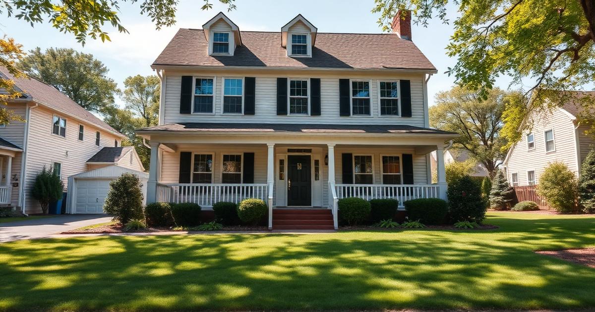 Two-story American suburban home with a covered front porch, representing a financed primary residence