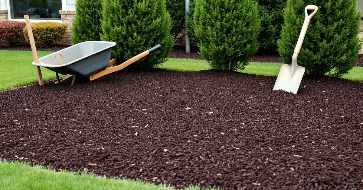 Garden bed freshly topped with dark brown mulch beside shrubs, wheelbarrow and shovel nearby