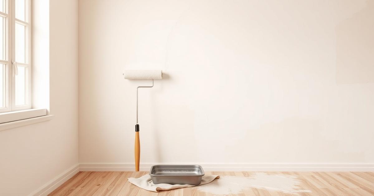 Interior wall being painted with a roller, paint tray and drop cloth on the floor