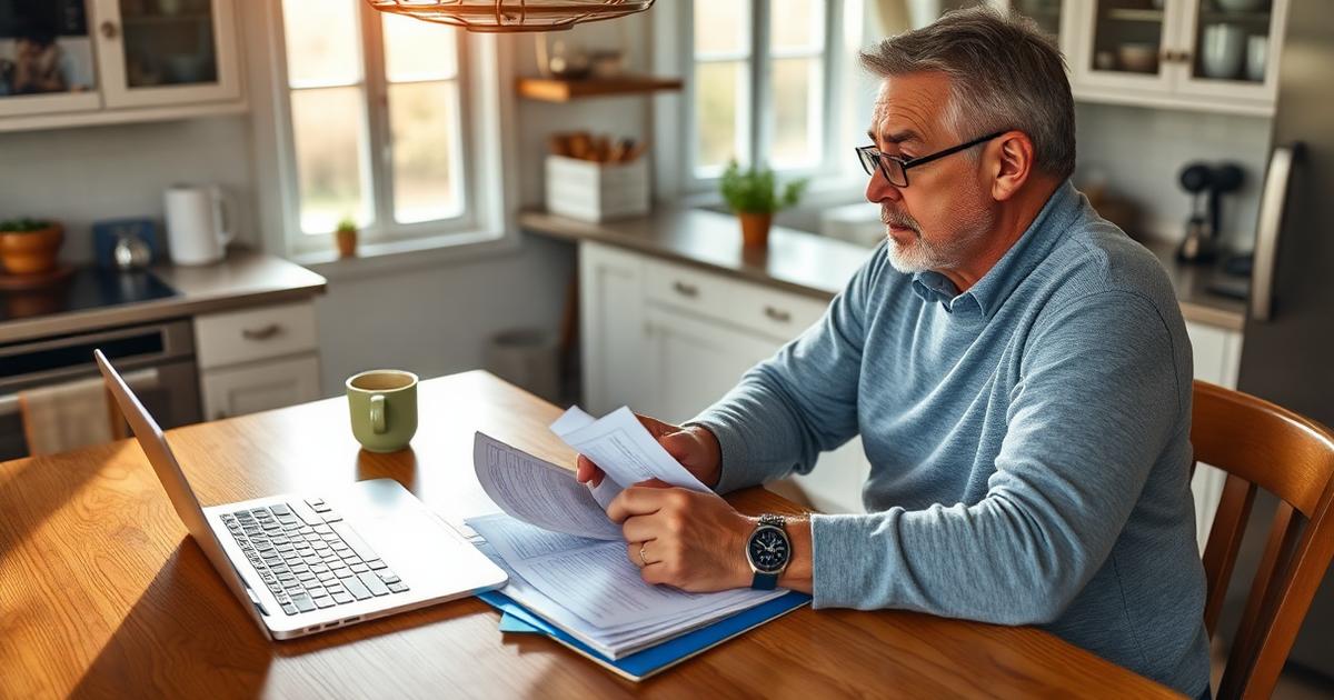 Homeowner reviewing loan documents at a kitchen table while considering a refinance