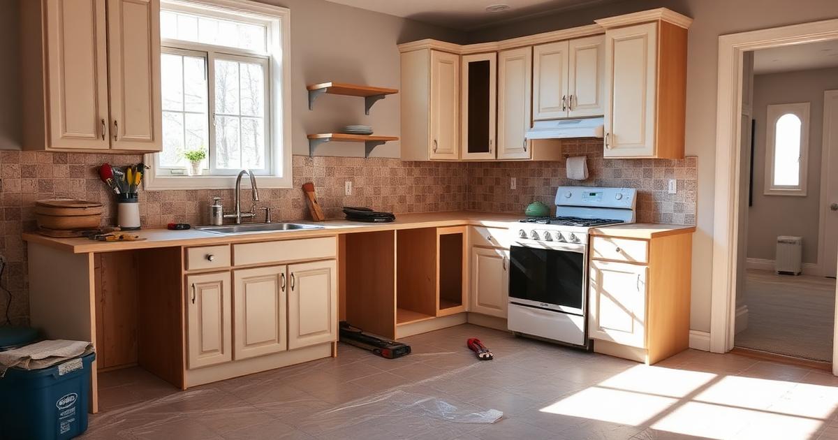 Kitchen mid-remodel with cabinets partially installed and floor protection down