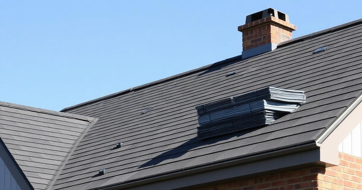 Asphalt shingle roof mid-replacement with bundles of shingles stacked on the slope